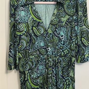 Lilly Pulitzer Vibrant Green and Blue Blouse- 100% Silk